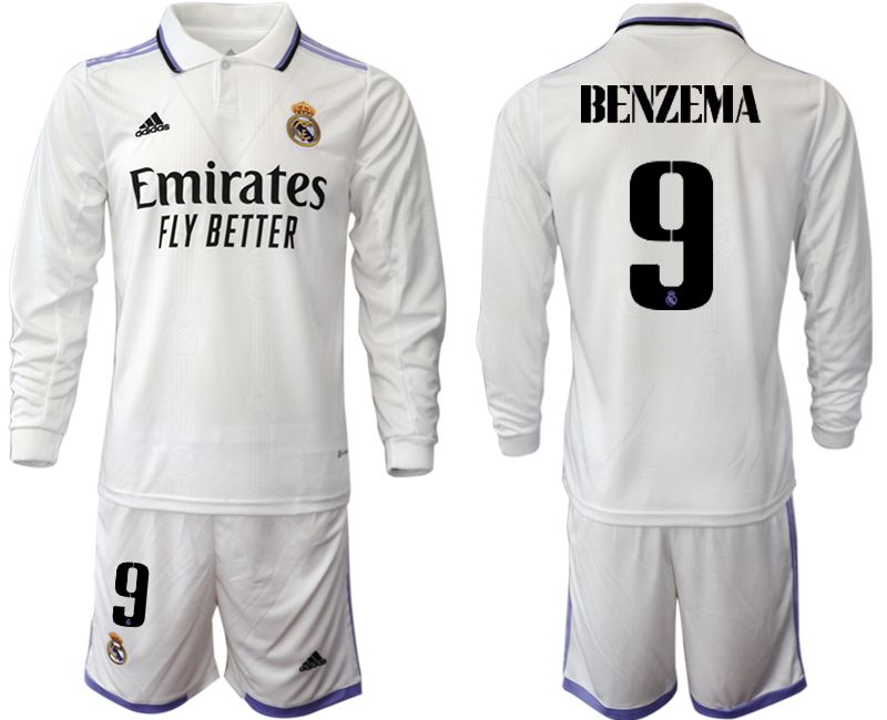 Men 2022-2023 Club Real Madrid home long sleeve white 9 Soccer Jersey